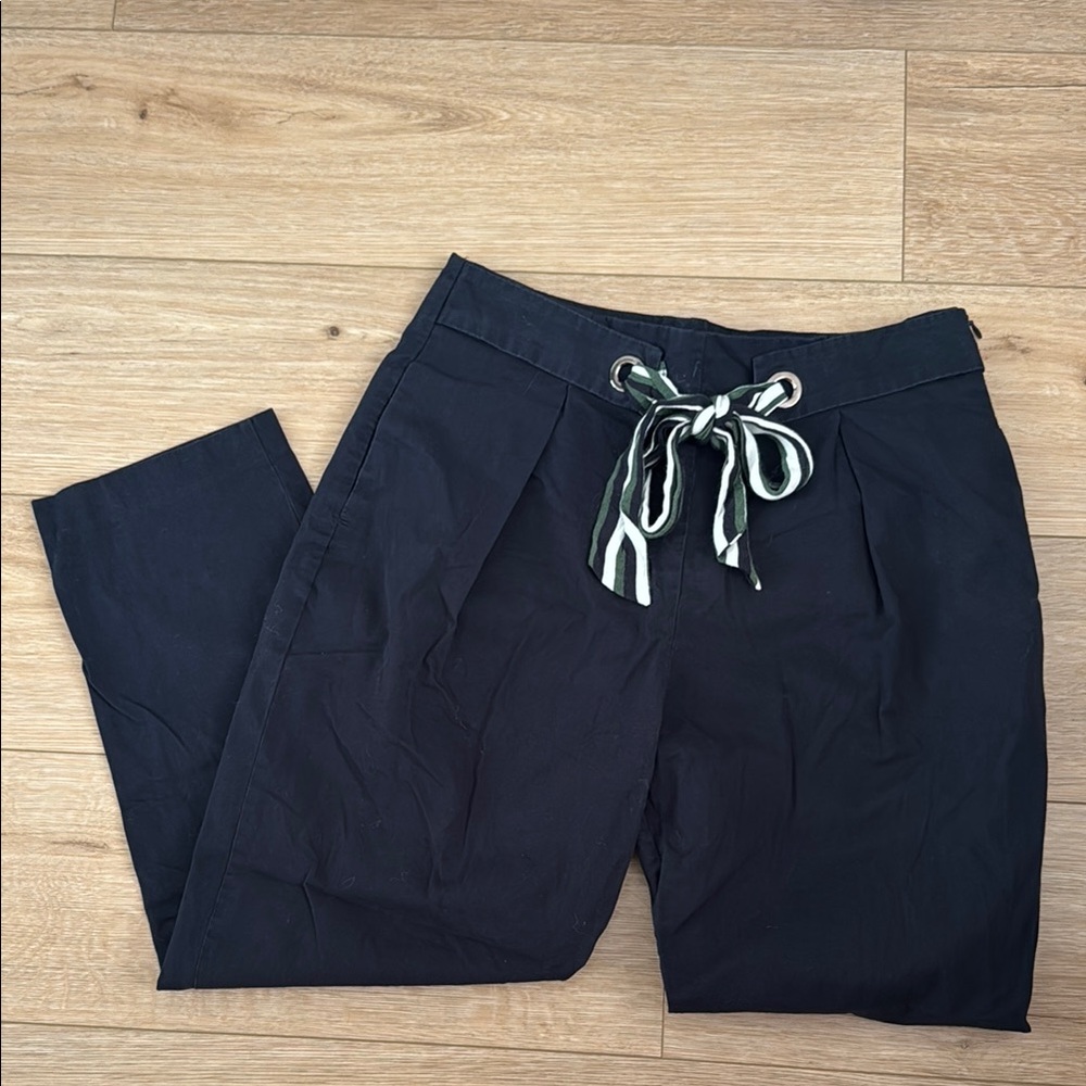 ZARA Navy Ankle Trousers Tie Belt Accent Tapered with Hidden Pockets